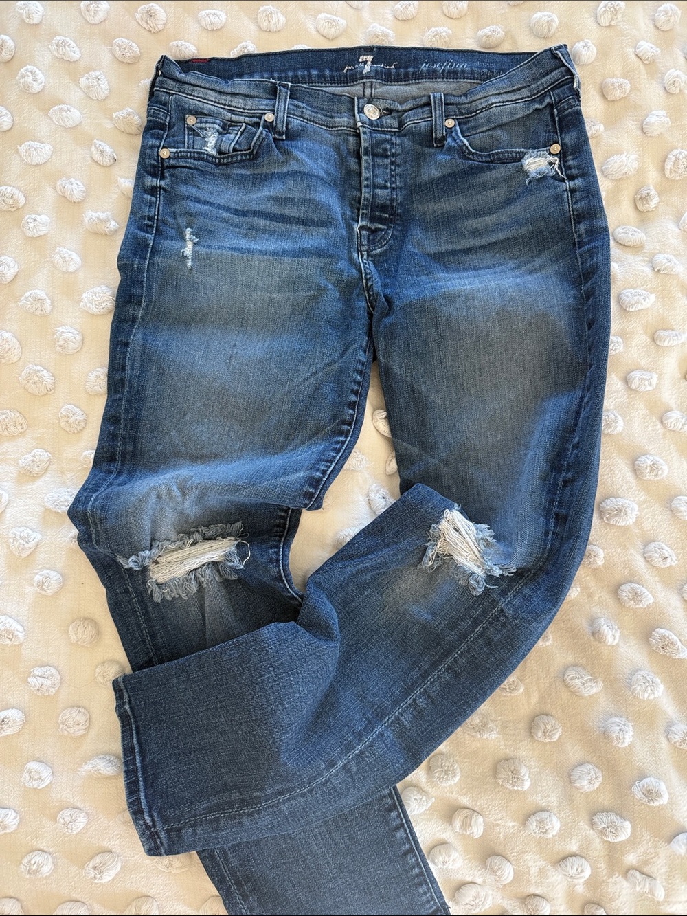 7 For All Mankind Distressed Boyfriend Jeans in Dark Blue